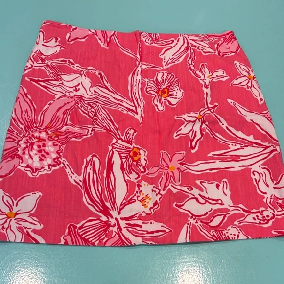 Lilly Pulitzer Pink Floral Mini Skirt with White Lace - Picture 4 of 8